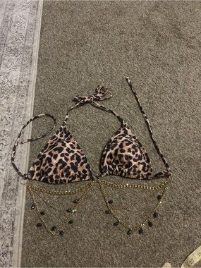 Leopard print chained embellished bikini/halter triangle top rave club wear